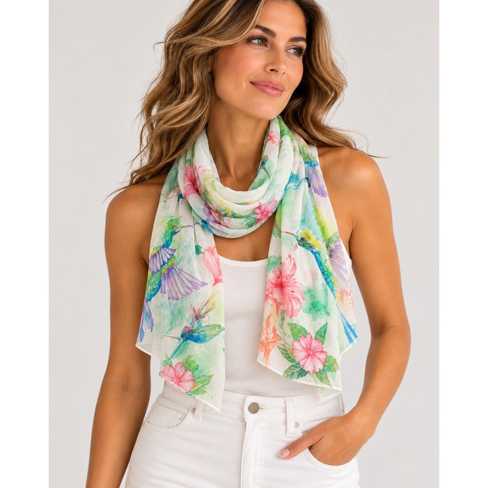 Maki Scarf Women OS Romantic Core Hummingbird Floral Watercolor Tropical Wrap